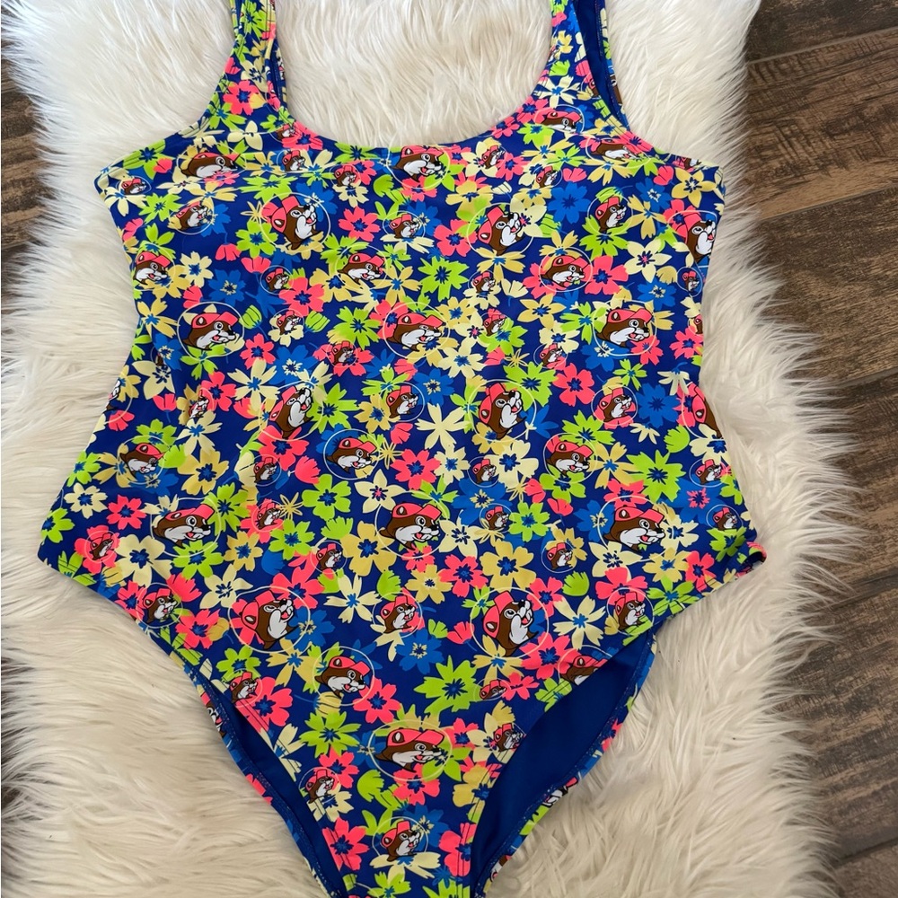Buc-ee’s Size 2X‎ Blue Neon Floral Beaver Logo One Piece Swimsuit - Picture 6 of 10